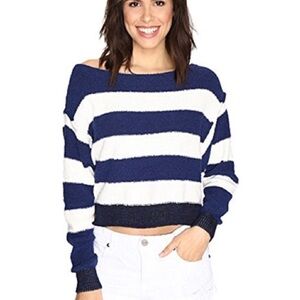 Free People Blue and White Off-the-Shoulder Sweater